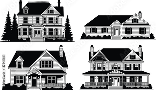Vector, illustration, of, a, collection, of, four, different, residential, house, silhouettes, including, suburban, homes, victorian, mansion, craftsman, cottage, ranch, style, and, classic, family, 