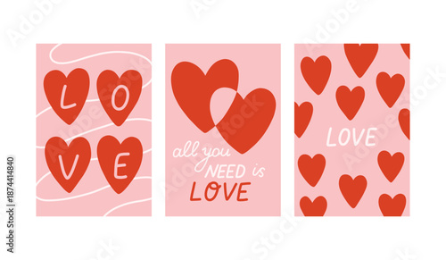 Vector set of romantic cards with decorative hearts and handwritten love quotes. Cute Valentine designs in soft pink and red, perfect for greeting cards, prints, and gifts.