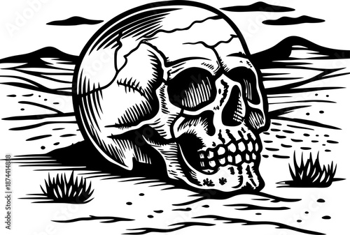 human skull lying on desert ground with distant mountains and sparse vegetation