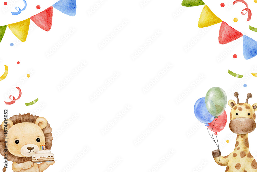 Fototapeta premium Watercolor cute hand drawn horizontal frame for Birthday decor, celebrating safari animals zebra and giraffe, confetti, party vibe. For invitations, greeting card, banner