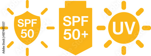 Yellow sun with S P F 50 and U V labels SPF 50 SPF 50