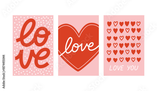 Vector set of romantic cards with decorative hearts and handwritten love quotes. Cute Valentine designs in soft pink and red, perfect for greeting cards, prints, and gifts.