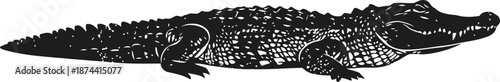 Black alligator silhouette lying flat with detailed scale textures and sharp claws