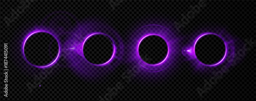 Halo light purple flare aura circle fantasy neon 3d space. Abstract orb with bright glow and electric energy for a digital tech background. Shine through dark smoke with sparkle effect.