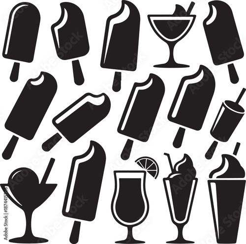 black silhouettes of ice cream sticks and cold drinks