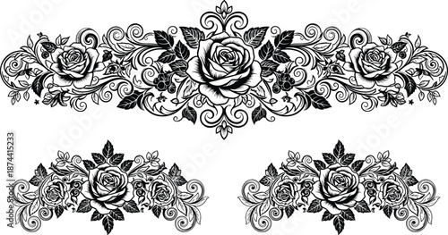 Vintage elegant rose floral border vector illustration set, decorative black white rose ornament for wedding invitation, tattoo design, baroque filigree scrolls, leaves, foliage, botanical.