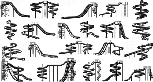 Water slide silhouette set, amusement park attraction, spiral and straight tube designs, recreational structure, vector sketch, flat cad drawing illustration