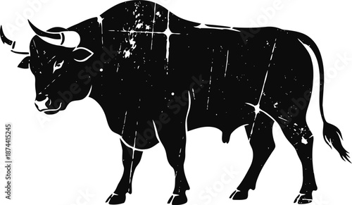 Black bull silhouette with horns in side view, vintage distressed