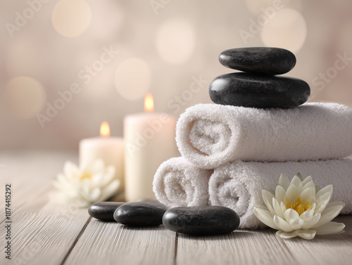 Spa Still Life with Stacked Stones, Towels, Candles and Soft Lighting