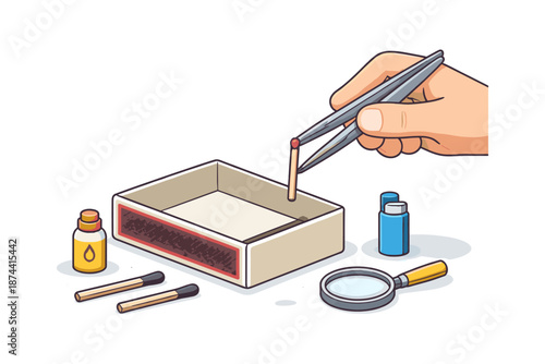 Hand uses tweezers to pick matchstick from box with lighter and magnifying glass