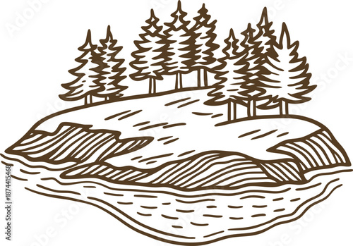 island with pine trees and rocky shores, natural landscape sketch in line art