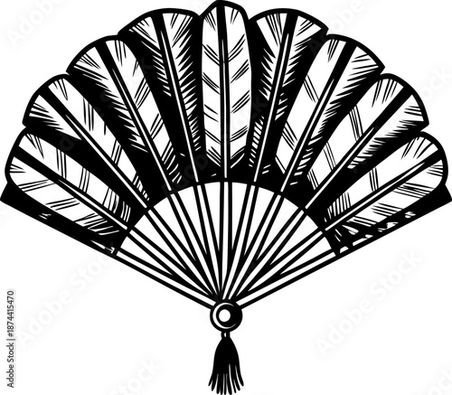Elegant hand fan with detailed feather design and decorative tassel accessory