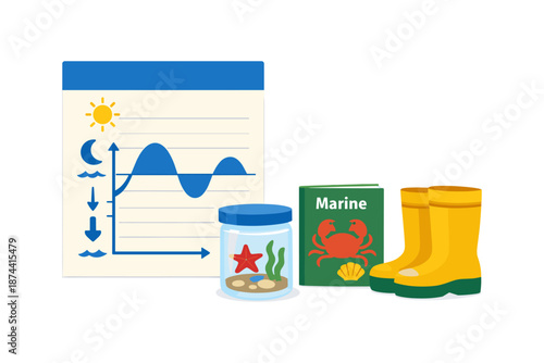 Marine science tools: tidal chart, aquatic specimen, ocean life book, waterproof boots