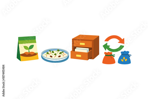Flat style seed storage, sprouting, and organizing icons for sustainable gardening