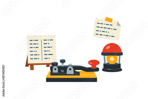 Morse code equipment: telegraph key, lantern, and code charts in flat design