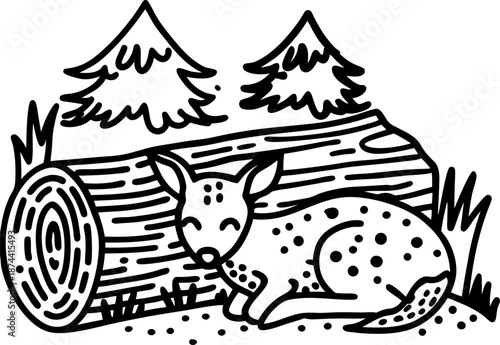 sleeping fawn resting beside log under pine trees in forest meadow