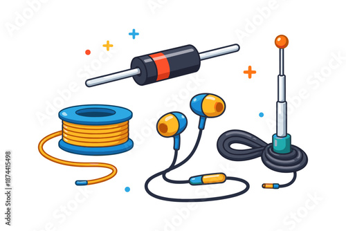 Colorful audio equipment and components with isometric design