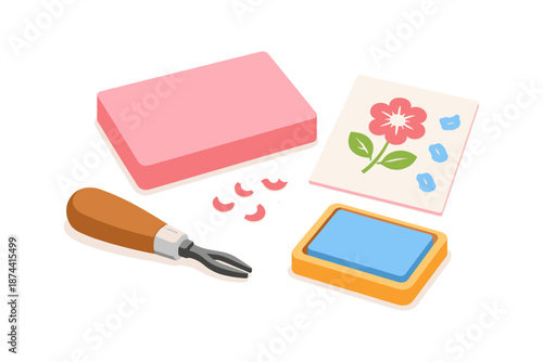 Colorful rubber stamp carving set with ink pad, chisel, and floral design