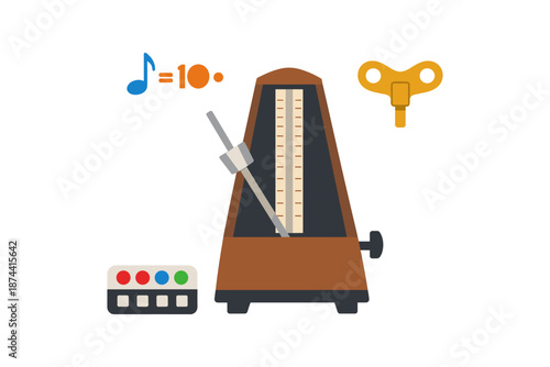 Musical metronome with tuner and winding key in flat design