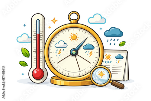Weather forecasting tools with thermometer and barometer in modern cartoon style