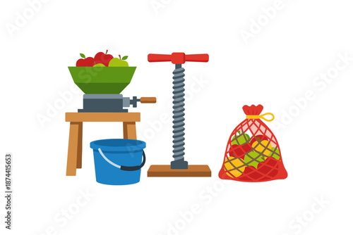 Fruit pressing tools and fresh apples for homemade juice in flat style