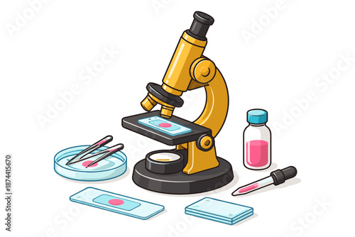 Colorful laboratory microscope with slides and petri dish on white background