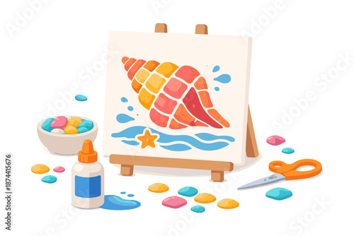 Colorful crafting scene with mosaic shell art on easel and craft supplies