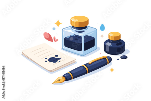 Elegant writing tools with ink bottle and fountain pen on white background