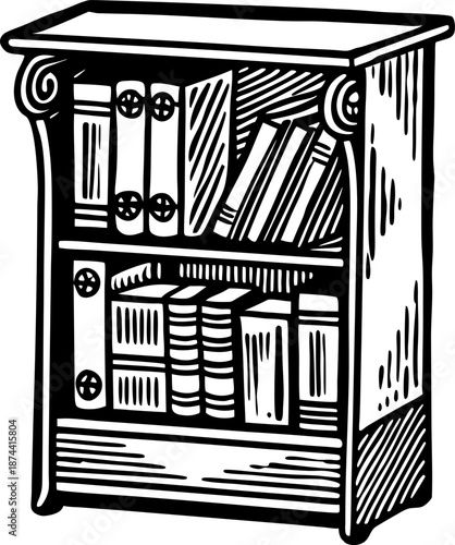 Wooden bookshelf filled with books, vintage illustration, classic library furniture, reading and literature concept