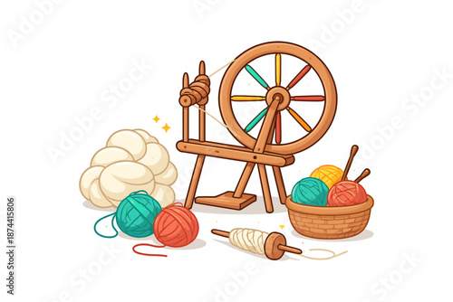 Charming handcrafted wool spinning wheel with colorful balls of yarn and basket