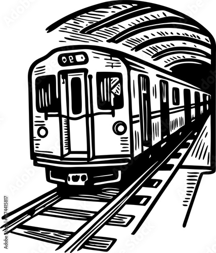 Subway train emerging from tunnel on railway tracks, urban transportation and transit illustration