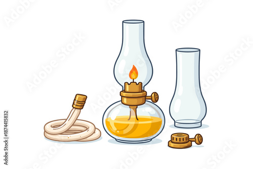 Vintage oil lamp with flame and spare parts on white background