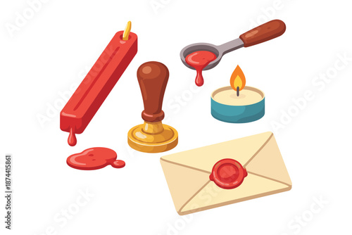 Isometric wax seal set with candle, stamp, and envelope for classic letter art