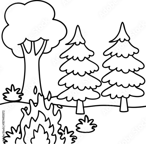 Forest scene with trees, bushes, and a campfire, outdoors nature landscape illustration