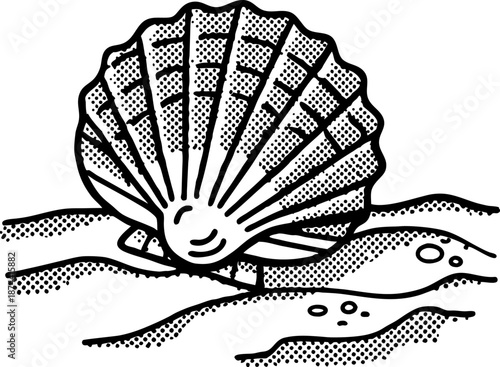 Open scallop shell resting on sandy beach with seaweed and small rocks illustration