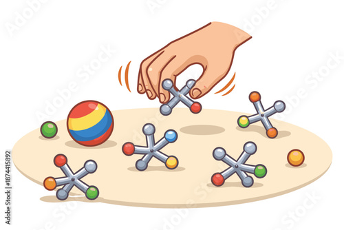 Hand picking up classic jacks and colorful ball game scene on white background
