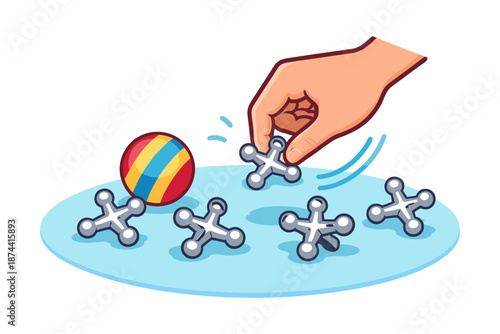 Hand picking game pieces with colorful ball on blue surface