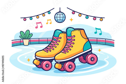 Colorful roller skates in retro dance rink with music notes and disco ball