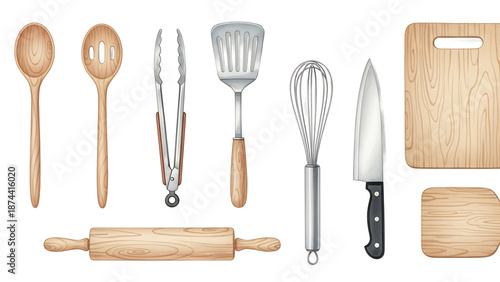 Assorted kitchen utensils and cutting boards arranged neatly on a clean white surface