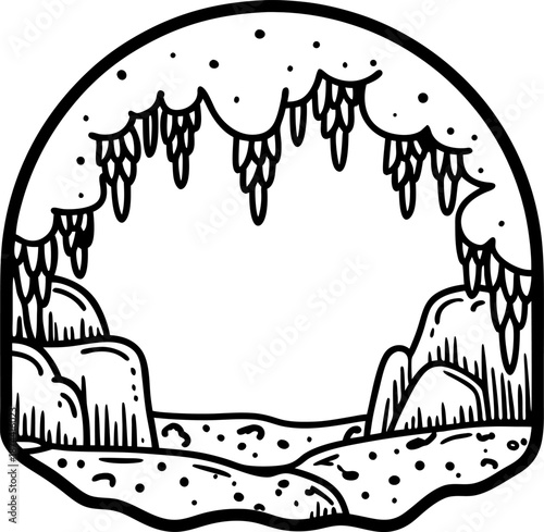 illustration of a cave interior with stalactites hanging and rocky ground inside a rounded cave entrance