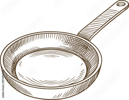 Hand drawn frying pan illustration with a long handle, kitchen cookware utensil for cooking and frying
