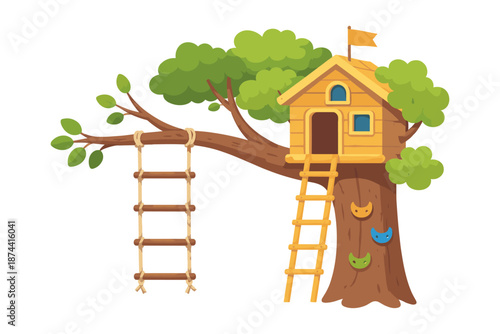 Charming treehouse with ladder and swings in lush greenery