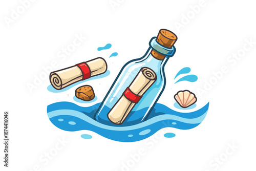Message in a bottle: nautical cartoon art with scroll and seashell