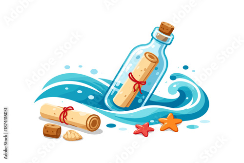 Message in a bottle with ocean waves, seashells, and starfish