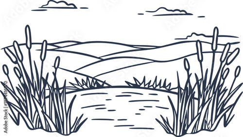 Serene lakeside landscape with cattails, calm water, rolling hills, and sparse clouds in sky