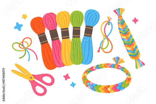 Colorful crafting yarn and friendship bracelet kit with scissors and accessories