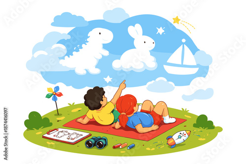 Children imagining shapes in clouds on a sunny day