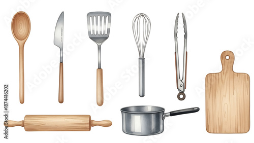 Assorted kitchen utensils and cooking tools arranged neatly on a clean white background from a straightforward viewpoint.
