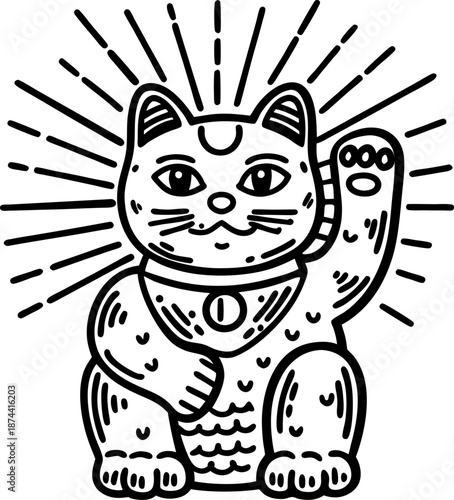 maneki neko cat with raised paw and radiant lines symbolizing luck and prosperity