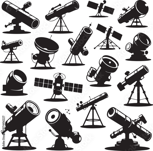 Black silhouettes of various astronomical telescopes and satellite dishes on white background